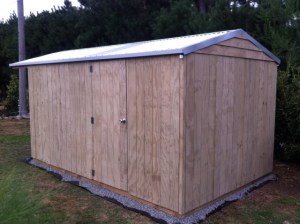 Garden Shed Central - rear view (no windows) storage shed with front gable extension.